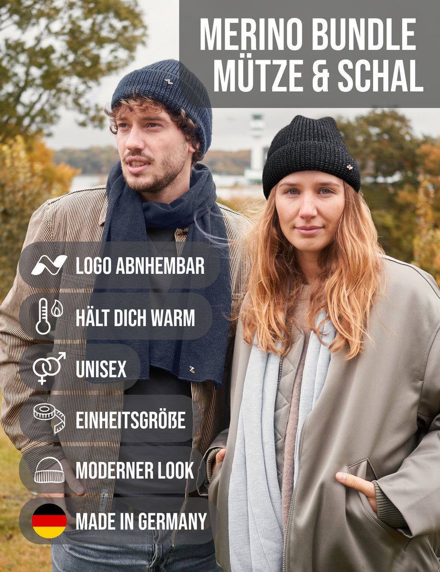 Merino Strickmütze & Schal Set in jeans