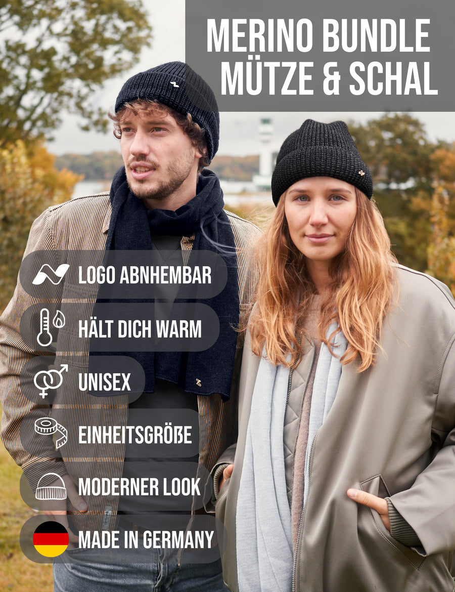 Merino Strickmütze & Schal Set in navy