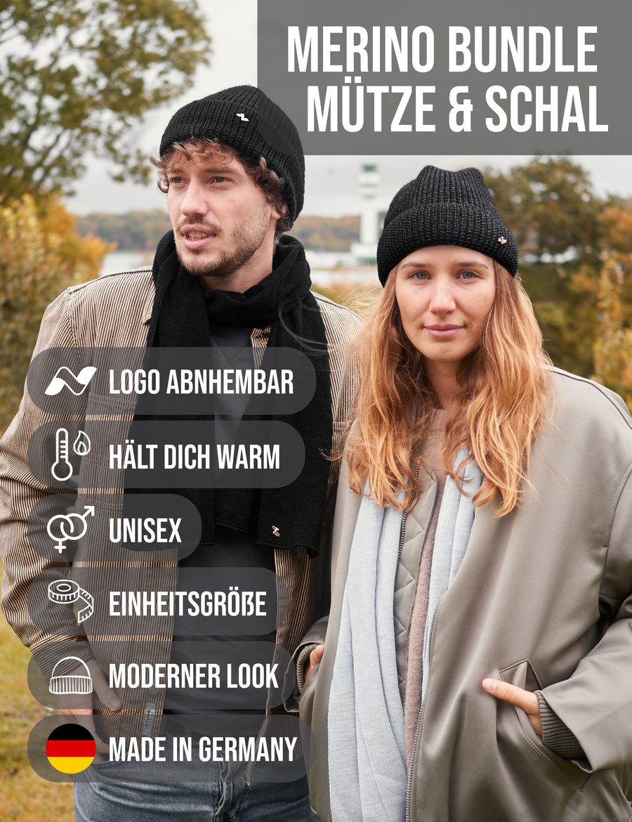 Merino Mütze & Schal Set in schwarz