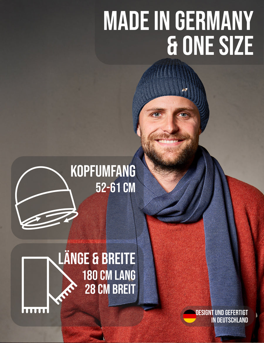 Merino Strickmütze & Schal Set in jeans