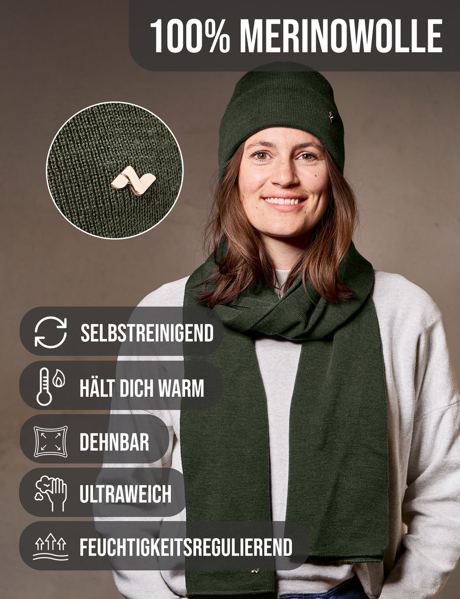 Merino Beanie & Schal Set in olive