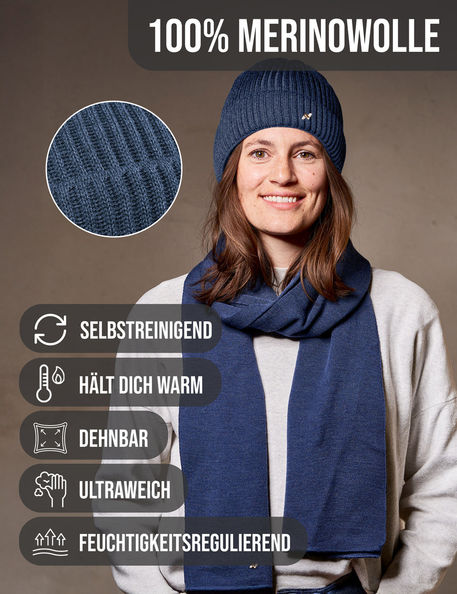 Merino Strickmütze & Schal Set in jeans